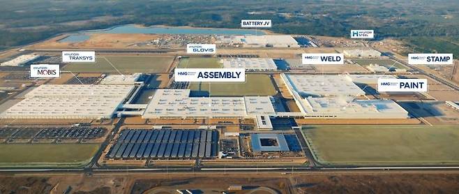 [엘라벨(미 조지아)=뉴시스] 미국 조지아주 엘라벨에 있는 현대차그룹 메타플랜트 아메리카(HMGMA) 전경. 완성차 조립 공장을 중심으로 현대모비스, 현대트랜시스, 현대글로비스 등 그룹 계열사 공장과 사업장이 배치돼 있다. (사진=현대차그룹 제공) 2025.03.26 photo@newsis.com *재판매 및 DB 금지