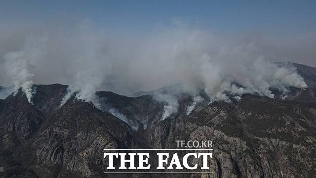 의성 산불이 발생한 지 5일째를 맞은 26일 오후 경북 청송군 주왕산면 주왕산 국립공원 일대에 연기가 피어 오르고 있다. /청송=박헌우 기자