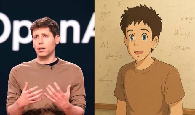 샘 올트먼(왼쪽) 미국 오픈AI CEO(최고경영자). 왼쪽은 실제 사진이고, 오른쪽은 그가 27일 X(옛 트위터)에 올린 일본 애니메이션 제작사 '스튜디오 지브리' 화풍으로 그린 초상화다./X