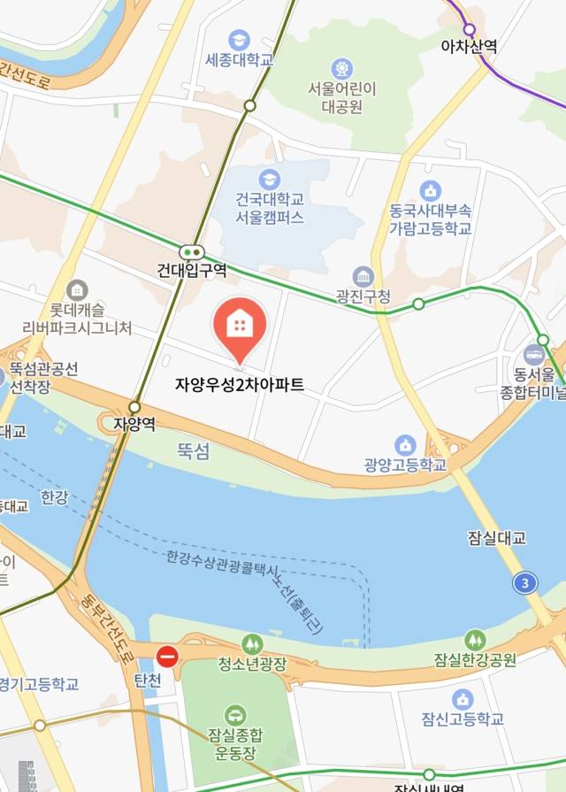 어린이 대공원과 뚝섬 우원지 사이의 자양우성2차아파트 위치