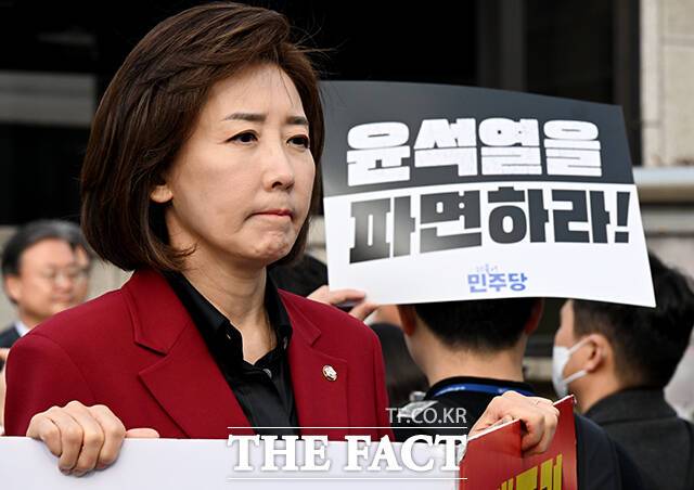 나경원 국민의힘 의원이 지난 25일 오전 서울 종로구 헌법재판소 앞에서 1인 릴레이 시위를 이어가고 있다./배정한 기자