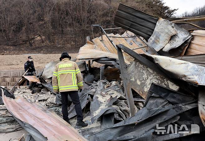 [의성=뉴시스] 김금보 기자 = 소방대원들이 29일 오후 경북 의성군 사촌리 산불 피해 마을에서 잔해를 수색하고 있다. 2025.03.29. kgb@newsis.com