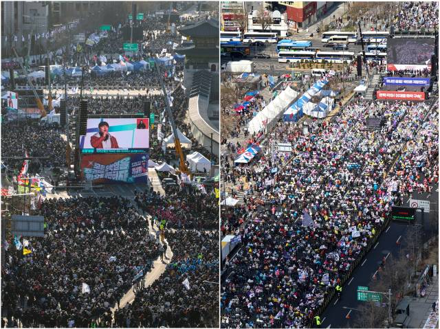 ▲ 3월 29일 서울 종로구 광화문 일대에서 윤석열 대통령 찬반 집회가 열리고 있다. 왼쪽은 윤석열 즉각 퇴진 사회대개혁 17차 범시민대행진, 오른쪽은 자유통일당 탄핵 반대 집회. ⓒ연합뉴스