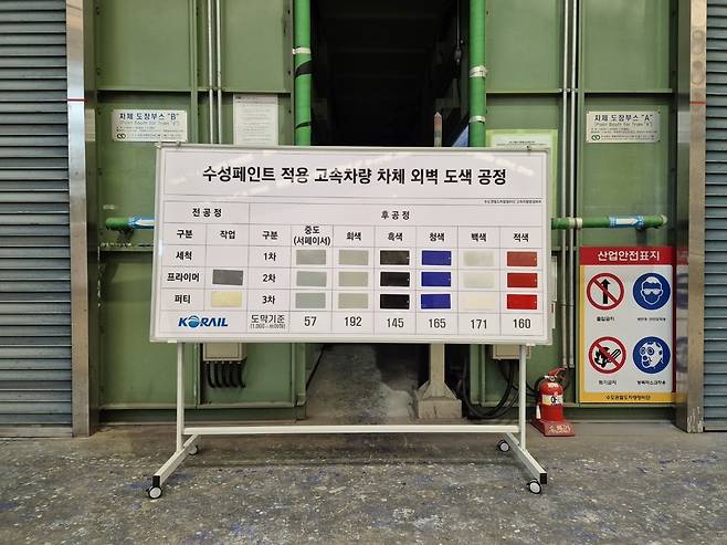 지난 27일 경기 고양시 수도권철도차량정비단 중정비동 차체 도장 B부스 외부에 수성 페인트를 활용한 KTX 산천 열차 도색 공정 안내판이 설치되어 있다. 김동환 기자