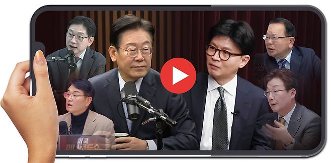 윤석열 대통령 탄핵 정국 속 조기 대선 가능성이 제기되는 가운데 여야 잠룡들의 ‘유튜브 정치’가 활발하다. 왼쪽 위부터 시계방향으로 ‘매불쇼’에 출연한 김경수 전 경남지사, 김어준의 ‘겸손은 힘들다 뉴스공장’에 출연한 더불어민주당 이재명 대표, ‘신사임당’에 출연한 국민의힘 한동훈 전 대표, ‘삼프로TV’에 출연한 김부겸 전 국무총리, ‘삼프로TV’에 출연한 유승민 전 의원, ‘삼프로TV’에 출연한 박용진 전 의원, 각 유튜브 방송 갈무리