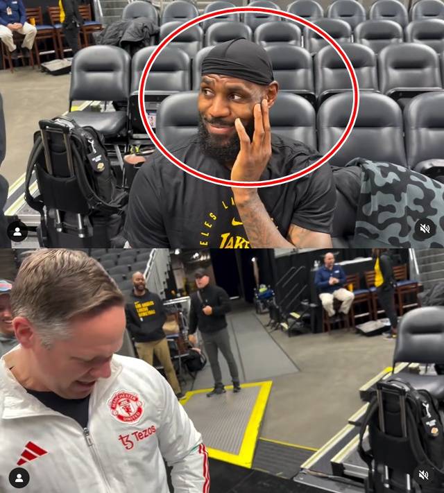 맨유 재킷을 입은 마이클 트루델 기자를 쳐다보는 르브론 제임스. /사진=마이클 트루델 기자 SNS