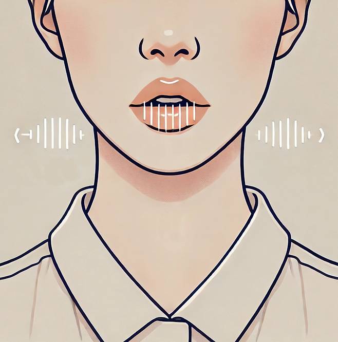 정면을 바라보고 ㅂ 발음을 연습하고 있는 여성을 그린 그림 이미지