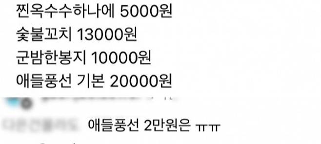 찐옥수수 5,000원, 숯불꼬치 13,000원, 군밤 한 봉지 10,000원, 어린이용 헬륨풍선 20,000원 등 가격표가 나열된 온라인 댓글 캡처 이미지. 또 다른 댓글은 “애들 풍선 2만 원은ㅠㅠ” 등의 표현이 있어 당혹감과 실망을 보여준다. (온라인 커뮤니티 캡처)