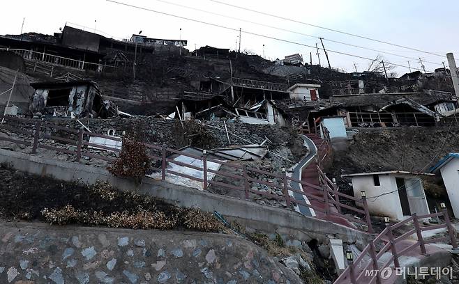 [영덕=뉴시스] 이무열 기자 = 일 경북 영덕군 영덕읍 석리 마을이 산불로 전소돼 폐허가 되어 있다. 2025.03.29./사진=이무열