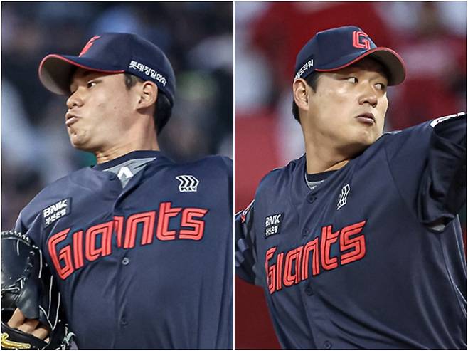 롯데 김진욱(왼쪽), 나균안이 각각 26, 27일 인천 SSG전에 선발등판해 역투하고 있다. 사진제공|롯데 자이언츠
