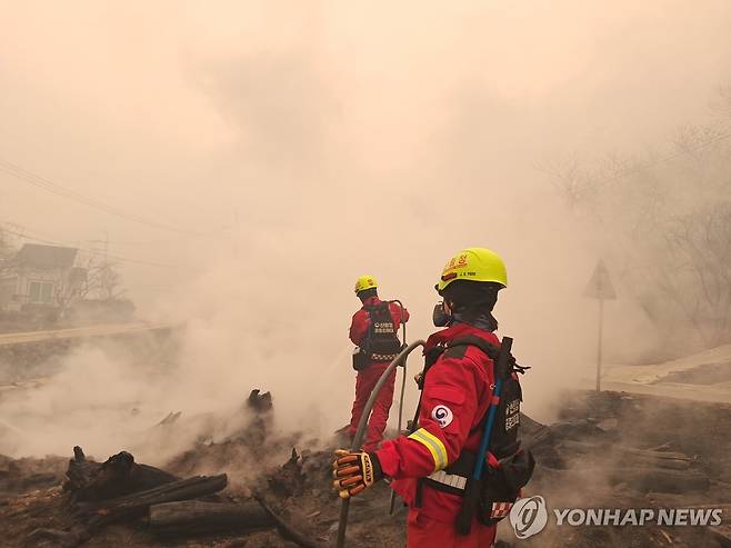 경남 산청 산불 화재 진압하는 산불진화대원 [산림청 제공. 재판매 및 DB 금지]