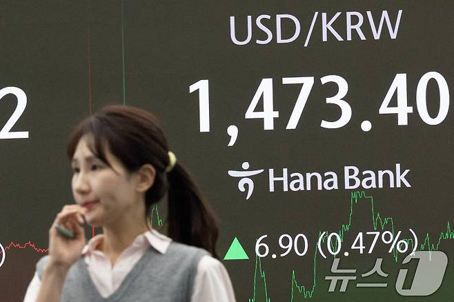 모든 상장 종목의 공매도가 전면 재개된 31일 서울 중구 하나은행 본점 딜링룸 전광판에 달러·원 환율이 전 거래일 대비 6.90원 오른 1,473.40원을 나타내고 있다. 이날 코스피 지수는 전 거래일 대비 76.86p(3.00%) 하락한 2,481.12, 코스닥 지수는 20.91p(3.01%) 하락한 672.85으로 장을 마감했다. 2025.3.31/뉴스1 ⓒ News1 이승배 기자