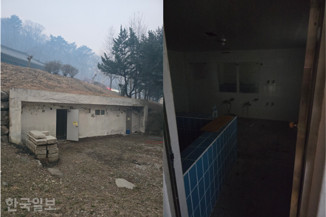 25일 경북 의성군 고운사 경내 대웅전 50m 앞쪽에 외벽이 콘크리트로 된 목욕장이 설치돼 있다. 내부는 산불로 전기가 끊겨 깜깜했다. 이종혁 경산소방서 재난대응과장 제공