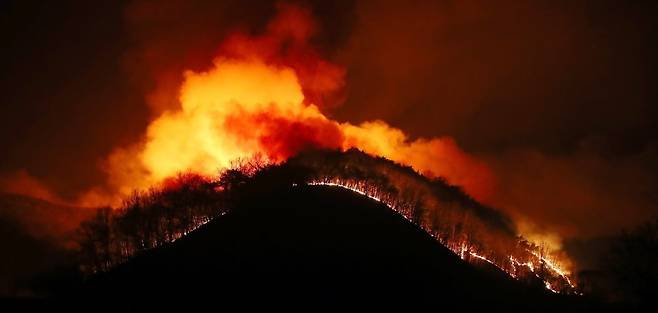 앞서 경북 의성군 의성읍 업리 동사곡지(저수지) 뒤편 야산에 거대한 산불이 확산하고 있는 모습. / 사진=뉴스1
