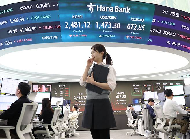 31일 서울 중구 하나은행 딜링룸에서 한 딜러가 상황을 주시하고 있다. [사진 = 연합뉴스]