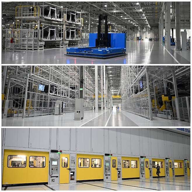 [엘라벨(미 조지아)=뉴시스] 현대차그룹 메타플랜트 아메리카(HMGMA) 프레스 공장의 모습. 철판을 고압 프레스로 놀러 자동차 외판 부품의 형태를 만드는 공정으로 서보모터와 유압식 완충장치 등을 적용해 소음을 줄인 것이 특징이다. (사진=현대차그룹 제공) 2025.03.30 photo@newsis.com *재판매 및 DB 금지