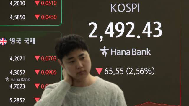 1년 5개월간 금지됐던 공매도가 전면 재개된 31일 서울 중구 하나은행 본점 딜링룸 현황판에 코스피 지수 등이 표시되고 있다. 이날 코스피 지수는 전 거래일 대비 44.54포인트(1.74%) 내린 2513.44에, 코스닥은 10.34포인트(1.49%) 내린 683.42에 개장했다. 연합뉴스