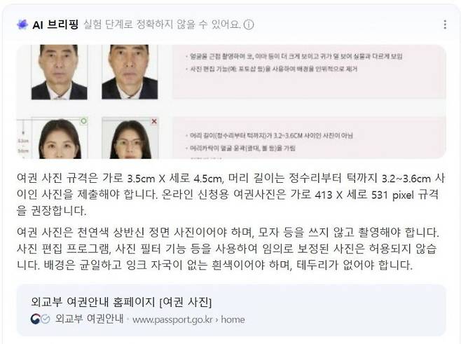 네이버에서 '여권사진 규격'을 검색한 결과.