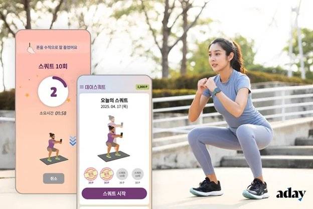 근력운동 리워드 앱 ‘데이스쿼트’의 사용 방식 안내. 사진 제공=어데이