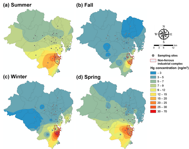 울산 대기 중 수은 농도 지역별 분포도. 유니스트 최성득 교수팀 제공