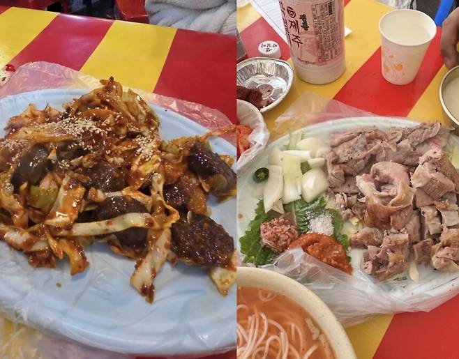 (좌) 2만5000원어치 순대볶음, (우) 4만원어치 고기. 스레드 캡처