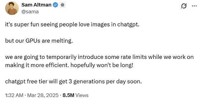 ▲ 샘 올트먼 최고경영자(CEO)가 자신의 엑스(X·구 트위터)에 이용자가 몰려 GPU가 녹아내릴 정도로 서버가 과부하를 일으키고 있다고 언급하며 올린 글 [샘 올트먼 엑스 계정]&nbsp;