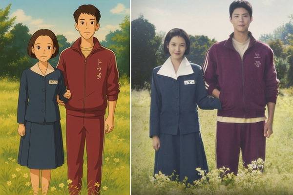 넷플릭스 오리지널 ‘폭싹 속았수다’의 주인공 애순(아이유·왼쪽)과 관식(박보검)의 모습을 챗GPT 지브리 스타일로 바꾼 이미지(왼쪽)와 실제 사진.  넷플릭스 제공