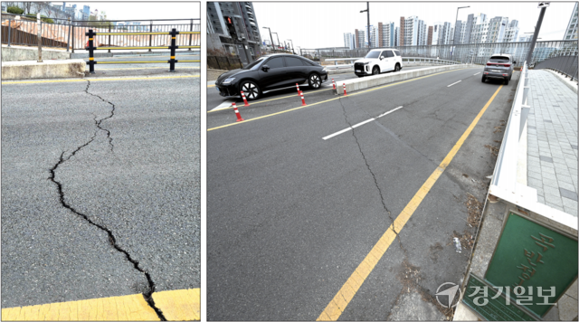 2일 오후 수원특례시 권선구 곡반정1교 양쪽 초입 부분에 교량을 가로지르는 길이 10여m, 폭 5㎝ 정도의 균열이 발생해 있다. 김시범기자