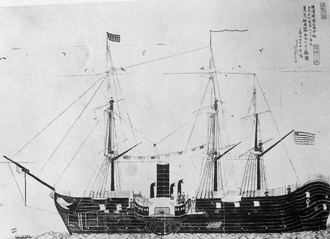 1854년 매튜 페리 제독이 이끈 일본 원정대가 타고 온 흑선중 하나인 포우하탄호를 그린 그림.
