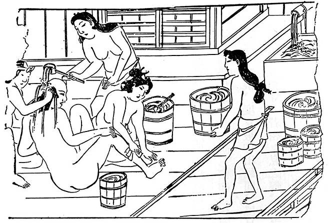 에도시대 유나(湯女)들이 남성의 몸과 머리를 씻겨주는 모습을 그린 삽화.  이에 대해 일본 매체 슈칸 겐다이는 “현재 일본에서 성행하는 성매매업소 소프랜드와 다르지 않다” 며 “소프랜드가 ‘특수 욕탕’으로 분류되는데, 어쩌면 소프랜드야말로 일본 목욕탕의 전통을 가장 충실하게 이어받은 곳일지도 모른다”는 독특한 해석을 내놓기도 했다.