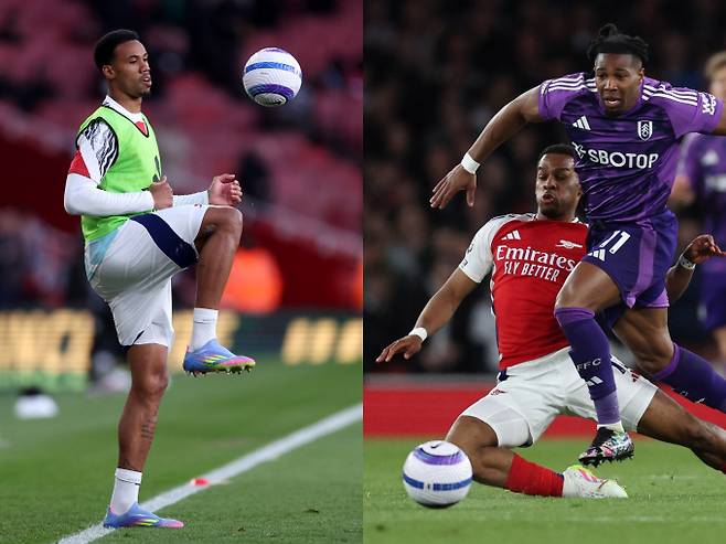 아스널이 부상으로 주축 수비수 2명을 잃을 위기에 놓였다. 사진은 2024-25시즌 아스널에서 활약한 가브리엘 마갈량이스(왼쪽)와 위리안 팀버의 모습. /사진=로이터