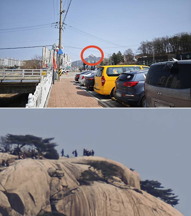 샤오미 15 울트라로 경기 양주시에 있는 사패산 정상(고도 551m) 모습을 120배 확대해 찍은 사진. 정상에 올라선 등산객들의 형체, 암벽의 결 등을 확인할 수 있다. 촬영 장소는 사패산에서 직선거리로 3.4㎞ 떨어진 곳이다. 아래 사진 속 빨간색 원이 촬영한 지점에서 확대 없이 바라본 사패산 정상 모습이다. 이동수 기자