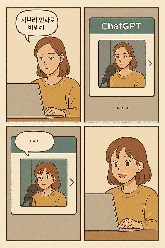 챗GPT에게 “사진을 지브리 스타일로 바꿔주고 변화된 모습을 보고 놀라는 과정을 4컷 만화로 구성해줘”라고 명령한 뒤 나온 결과물. 챗GPT는 사용자의 요청을 이해하고, 만화 속 등장인물의 표정 변화와 배경 디테일까지 반영해낸다. 다만 아직 한글 변환에는 무리가 있다.