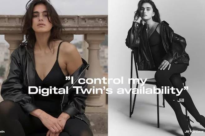 네덜란드 패션 모델인 질 코틀레브의 실제 사진(왼쪽)과, 인공지능(AI)으로 ‘쌍둥이 모델’을 구현한 사진. H&M의 캠페인 이미지로, “내가 나의 ‘디지털(AI) 쌍둥이’ 모델의 사용권을 갖는다”는 문구가 담겨 있다./H&M·더비즈니스오브패션