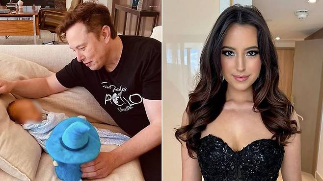 일론 머스크 테슬라 최고경영자(CEO)가 13번째 아이를 보고 있다. 아이를 닿은 보수 진영 인플루언서 애슐리 세인트 클레어. 사진=미러 캡처