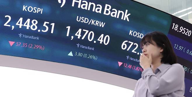 도널드 트럼프 미국 대통령이 상호 관세 부과 방침을 발표한 3일 오전 서울 중구 하나은행 본점 딜링룸에 시황이 표시되고 있다. 뉴스1