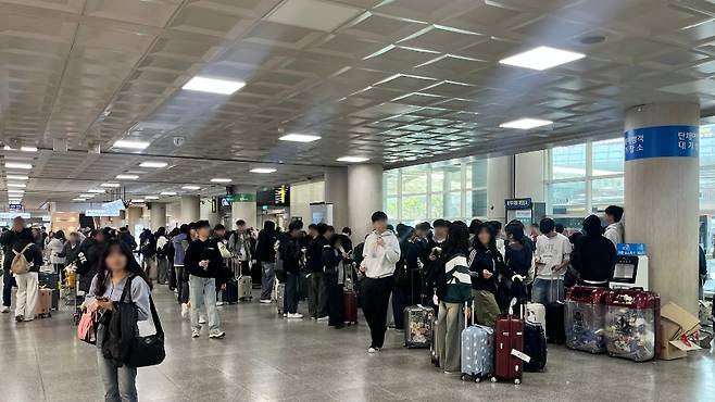 제주국제공항 도착장. 줄지어 늘어선 학생들이 삼삼오오 짐을 챙기고 있다. 입국장 한쪽은 온통 단체 수학여행복 차림의 청소년들로 가득 찼다. (제주도관광협회 제공)