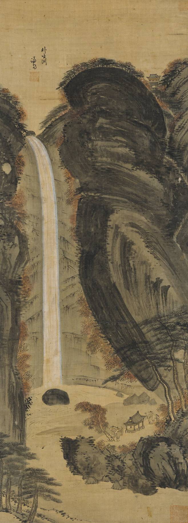 박생연. 개성 대흥산 대흥산성 밖에서 떨어지는 폭포가 박연폭포인데, 박생연은 박연폭포의 다른 이름이다. 작품 속 박연폭포가 절벽 아래로 떨어지고 있다. 폭포 우측에 솟구쳐 오른 암봉은 독수리가 날개를 접으며 내려앉는 박진감 넘치는 자태로 화면에 긴장감을 준다. 폭포 아래에 범사정이 있고, 갓 쓴 선비 세 사람이 두 명의 시동을 거느리고 단풍 든 폭포를 감상하고 있다. 리움미술관은 "마치 폭포의 소리까지 들리는 듯한 실감나는 작품"이라고 설명했다. /간송미술문화재단 소장