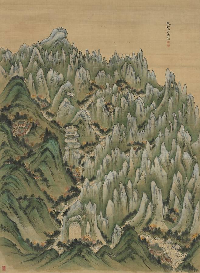 풍악내산총람(보물). 인왕제색도가 빠진 뒤 5월 7일부터 전시될 예정인 작품이다. 금강산의 독특한 지형적 특징을 섬세한 필치와 색채로 생생하게 묘사했다. 험준한 바위산과 부드러운 흙산, 형형색색의 단풍 등이 어우러져 64세 무렵 완숙한 경지에 이른 정선의 채색 기량을 만끽할 수 있다.  /간송미술문화재단 소장