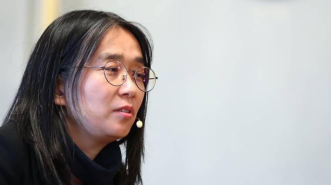 Korean author Han Kang answers questions from reporters at the Nobel Prize Museum in Sweden on Dec. 6, 2024. [YONHAP]