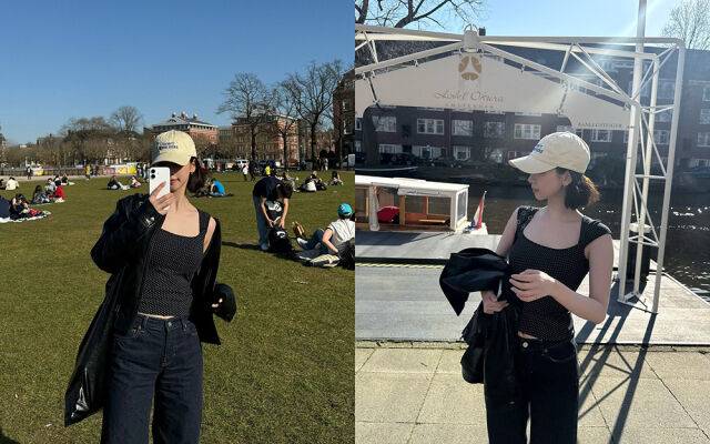 캐주얼하면서도 페미닌한 카리나의 레더재킷 스타일링. /카리나 인스타그램