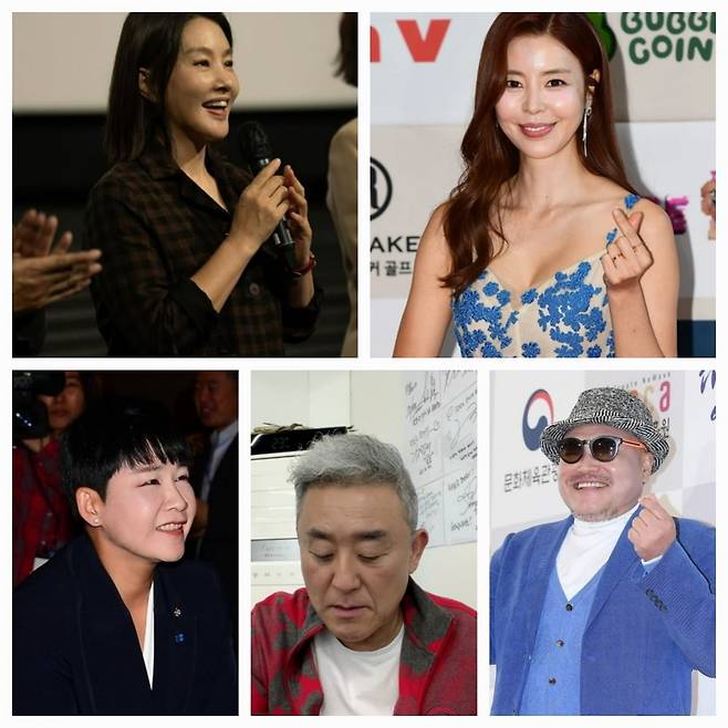왼쪽 위부터 시계방향으로 배우 박지영, 배우 김규리, 가수 김흥국, 배우 최준용, 가수 겸 국회의원 리아. 사진=각 연예인 SNS, 텐아시아DB