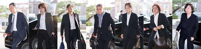 (왼쪽부터) 문형배 헌법재판소장 권한대행, 이미선, 김형두, 조한창, 정정미, 김복형, 정계선 헌재 재판관이 4일 윤석열 대통령 탄핵 심판 선고를 앞두고 서울 종로구 헌법재판소에 각각 출근하고 있다. 정형식 재판관은 이른 아침 출근했다. [사진공동취재단] /연합뉴스