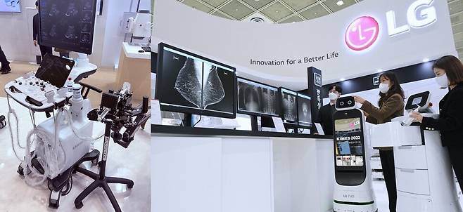 (왼쪽) 삼성전자 계열 의료기기 제작사 삼성메디슨이 키메스2025에 출품한 인공지능 기술 적용 초음파 진단기 모습. 최지현 기자. (오른쪽) 엘지전자는 이번 행사에서 정확한 색을 표현해 영상의학 검사 결과의 왜곡을 줄이는 진단·임상용 모니터를 선보였다. 엘지전자 제공.
