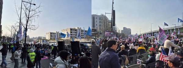 4일 오전 9시께 관저 앞으로 집결한 윤 대통령 탄핵 촉구 집회(왼쪽)와 탄핵 반대 집회(오른쪽)의 모습. 김한울기자