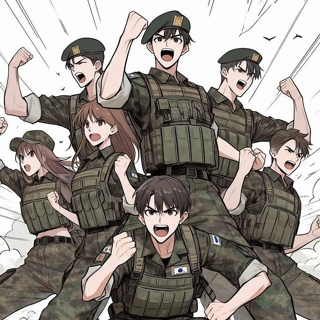 Bing 이미지 크리에이터에게 나라를 위해 열정과 청춘을 바치는 대한민국 20대 남녀 젊은이들을 그려달라고 했다. 긴 머리 예비군들이 출동했다.