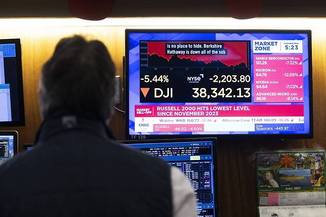 4일 미국 뉴욕증권거래소에서 거래가 끝난 뒤의 모습. 이날 다우존스 지수는 5.5% 하락했다. EPA연합뉴스