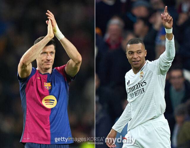 바르셀로나의 골잡이 로베르토 레반도프스키(왼쪽)와 레알 마드리드의 공격수 킬리안 음바페. /게티이미지코리아