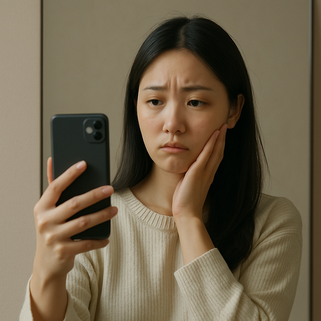 거울 앞에서 셀카를 찍으려다 망설이는 한 여성. 실물 사진 공개에 대한 부담은 AI 캐릭터 프사 열풍의 또 다른 배경이 된다. 챗GPT 생성 이미지