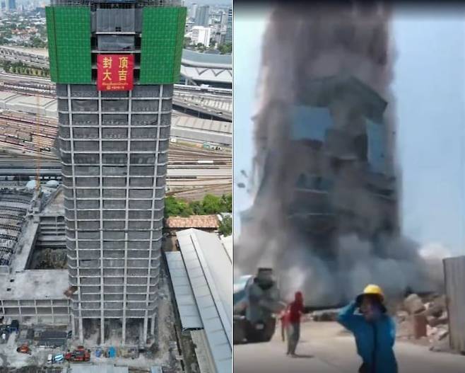 지난 3월28일 미얀마 강진 당시 무너진 태국 방콕 감사원 신청사 건물. 왼쪽은 작년 3월말 골조 공사를 끝냈을 당시의 모습이고 오른쪽은 지진으로 무너지는 장면이다. /틱톡, X 캡처